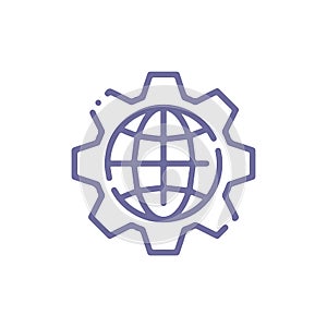 Globe of the Earth inside a gear or cog, setting parameters, Global Options - line icon. Graphic elements for your design