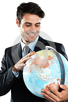 Globe, earth and man employee with planet sphere feeling happy about global travel. International, person and happiness