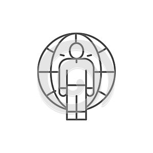 Globe earth with man lineal icon. Global technology, internet, social network symbol design.