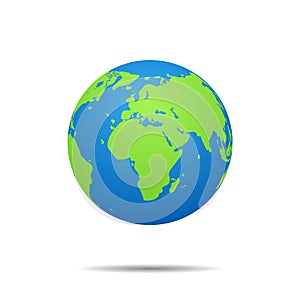 Globe earth map icon on isolated background. 3d world planet with global geography for travel. Green america, europe, africa