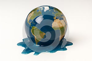 Globe of Earth melting into blue puddle on surface