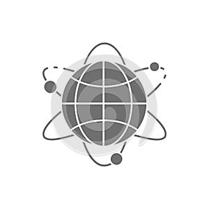 Globe earth with orbit, internet, atom grey fill icon. Global technology, internet, social network symbol design.