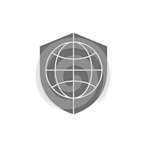 Globe earth with shield, planet protected grey fill icon. Global technology, internet, social network symbol design.