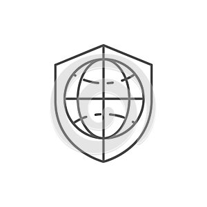 Globe earth with shield, planet protected lineal icon. Global technology, internet, social network symbol design.