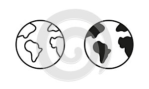 Globe Earth Silhouette and Line Icon Set. Global Planet Sphere Map Pictogram. Round World Continent Europe Africa