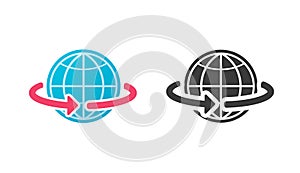 Globe earth spinning icon vector, world planet with rotation arrows sign symbol simple graphic pictogram illustration set black