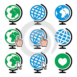 Globe earth vector icons with cursor hand and arrow - nature, environment concept