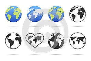 Globe earth vector icons set, planet Earth icon. Differents style of planets, Flat planet Earth icon