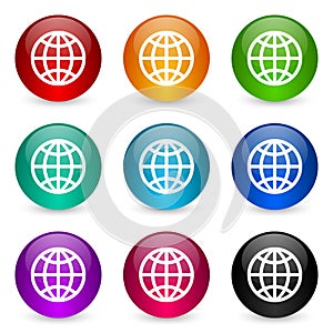 Globe, earth, world vector icons, set of colorful glossy 3d rendering ball buttons in 9 color options