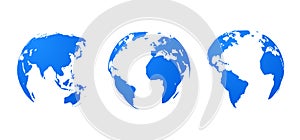 Globe earth world vector map. 3d blue transparent digital planet round globe icon set