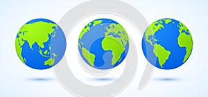 Globe earth world vector map. 3d blue transparent digital planet round globe icon set
