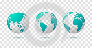 Globe earth world vector map. 3d blue transparent digital planet round globe icon set