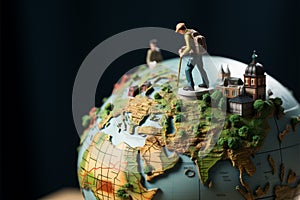 Globe explorers Miniature travelers navigate their journey across the globe