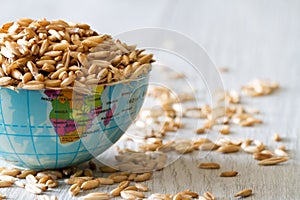 Globe filled with grain, concept of global food scarcity and hunger, export and import cereal