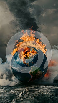 Globe on fire, surrounded by smoke and clouds, represents urgency and devastation photo