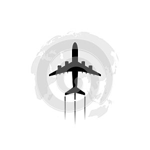Globe with flying airplane icon isolated on white background