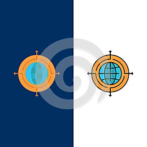 Globe, Focus, Target, Connected  Icons. Flat and Line Filled Icon Set Vector Blue Background