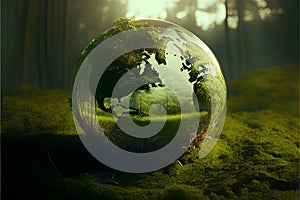 Globe in the forest. Eco concept. 3D render.