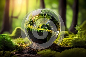 Globe in the forest. Generative ai design concept