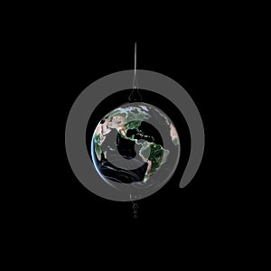 globe in the form of a falling drop of water on a black background.