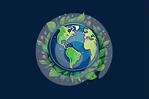 The globe is framed by a pattern of flowers and leaves on a blue background. Simple logo. Earth Day