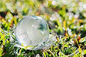 globe glass on green grass with sunshine. eco environment concept