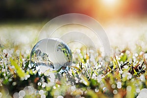 globe glass on green grass with sunshine. eco environment concept