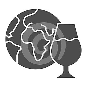 Globe and glass of wine solid icon. Imported wine with planet glyph style pictogram on white background. Winery world