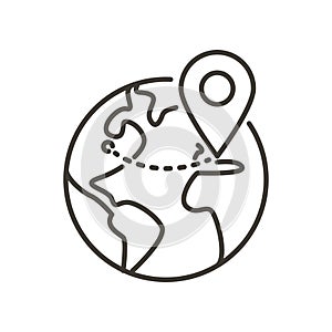 Globe with gps pin mark. Vector thin line icon for global transporation system, worldwide delivery, online internet shop service photo