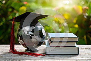 Globe with graduation cap and books on white banner background, education and global learning