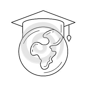 Globe in graduation cap vector line icon.