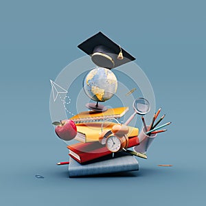 Globe with graduation hat and school accessory on blue background.