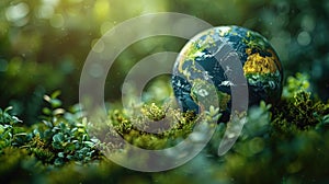 Globe in the grass with bokeh background, save the earth concept- Environment Earth Day Concept