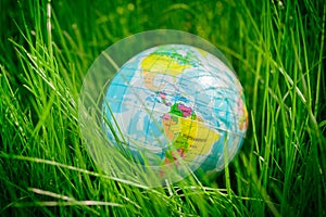 Globe on grass. earth day, environment concept