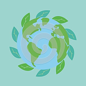 Globe with green leaves around it. Concept for Earth Day, ecology, care for the environment. Vector illustration