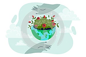 Globe with green plants symbolizing environmental sustainability and stability, near people hands