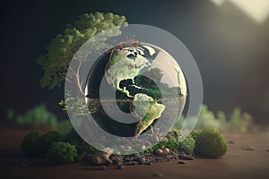 Globe with green trees in forest. Ecology concept. Generative AI