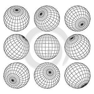 Globe grid. 3d sphere wires, earth network vector isolated set