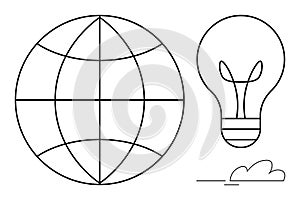 Globe with Grid Lines and Light Bulb Outline Suggesting Global Innovation and Creative Ideas