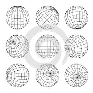Globe Grid set. Earth, planet, orb wireframe in nine position. Geographical longitude, latitude. photo