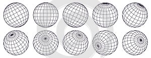 Globe grid spheres. Striped 3D spheres, geometry globe grid, earth latitude and longitude line grid vector symbols set