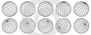 Globe grid spheres. Striped 3D spheres, geometry globe grid, earth latitude and longitude line grid vector symbols set photo