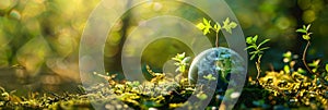 Globe on ground with tree sapling, forest background