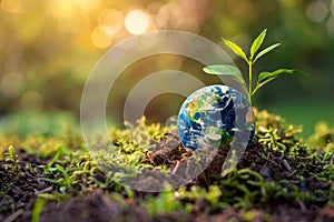 Globe on ground with tree sapling, forest background