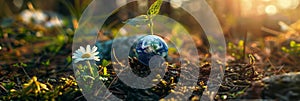 Globe on ground with tree sapling, forest background