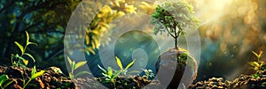 Globe on ground with tree sapling, forest background