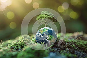 Globe on ground with tree sapling, forest background