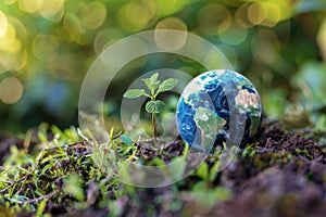 Globe on ground with young sprout, forest background