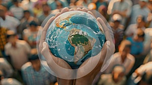 A globe in hand with a crowd behind, highlighting global population issues on World Population Day