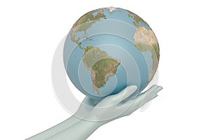 Globe in hands isolated on white background. 3D illustration